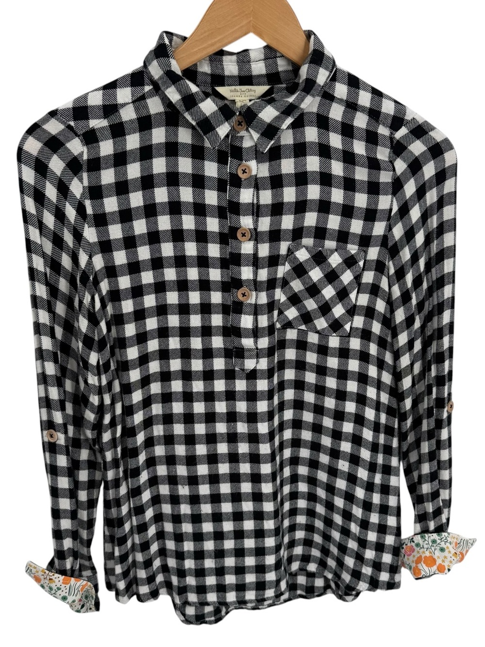 Matilda Jane /Joanna Gaines Flannel Tunic Size S Buffalo Plaid Black flip cuff